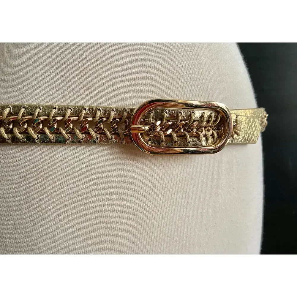 NINE WEST Gold Metallic Belt w/Chain Accent sz S